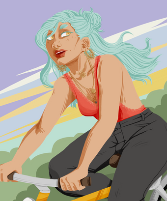 Bike Ride (colorful art, colored hair, lipstick, girl, women, cycling)