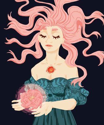 FLOWER (girl, woman, magic, flower, flowing hair, peony, digital art)