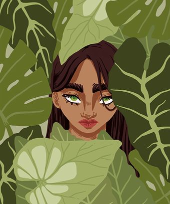 JUNGLE (girl, dark skin, bipoc, leaves, foliage, brown hair,green eyes
